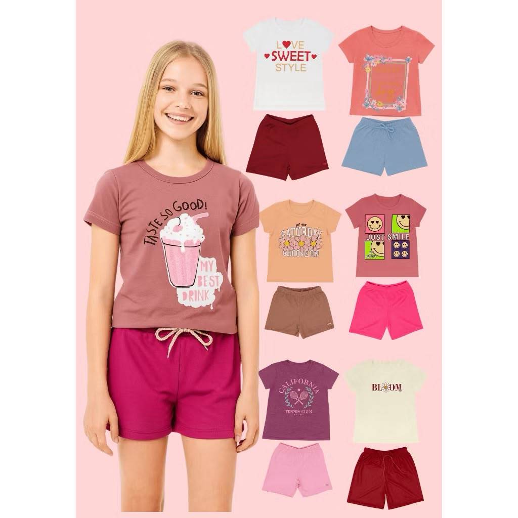 KIT DE 1 CONJUNTO JUVENIL ESTAMPA SORTIDA MENINA/FEMININO VERÃO ESTAMPA SORTIDA PEÇAS CAMISETA + BERMUDA = 1CONJUNTO