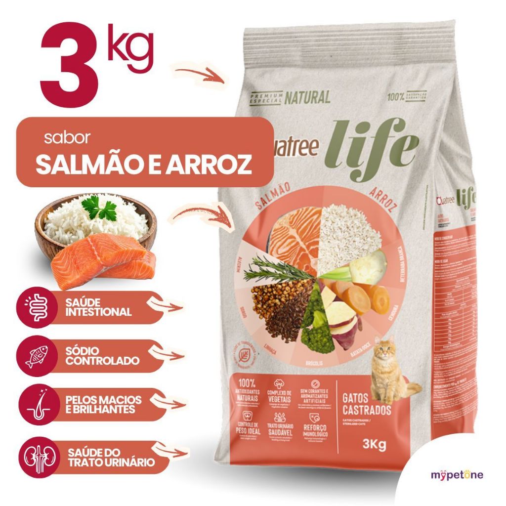 Ração Seca Quatree Life Salmão e Arroz Gatos Castrados - 3 Kg