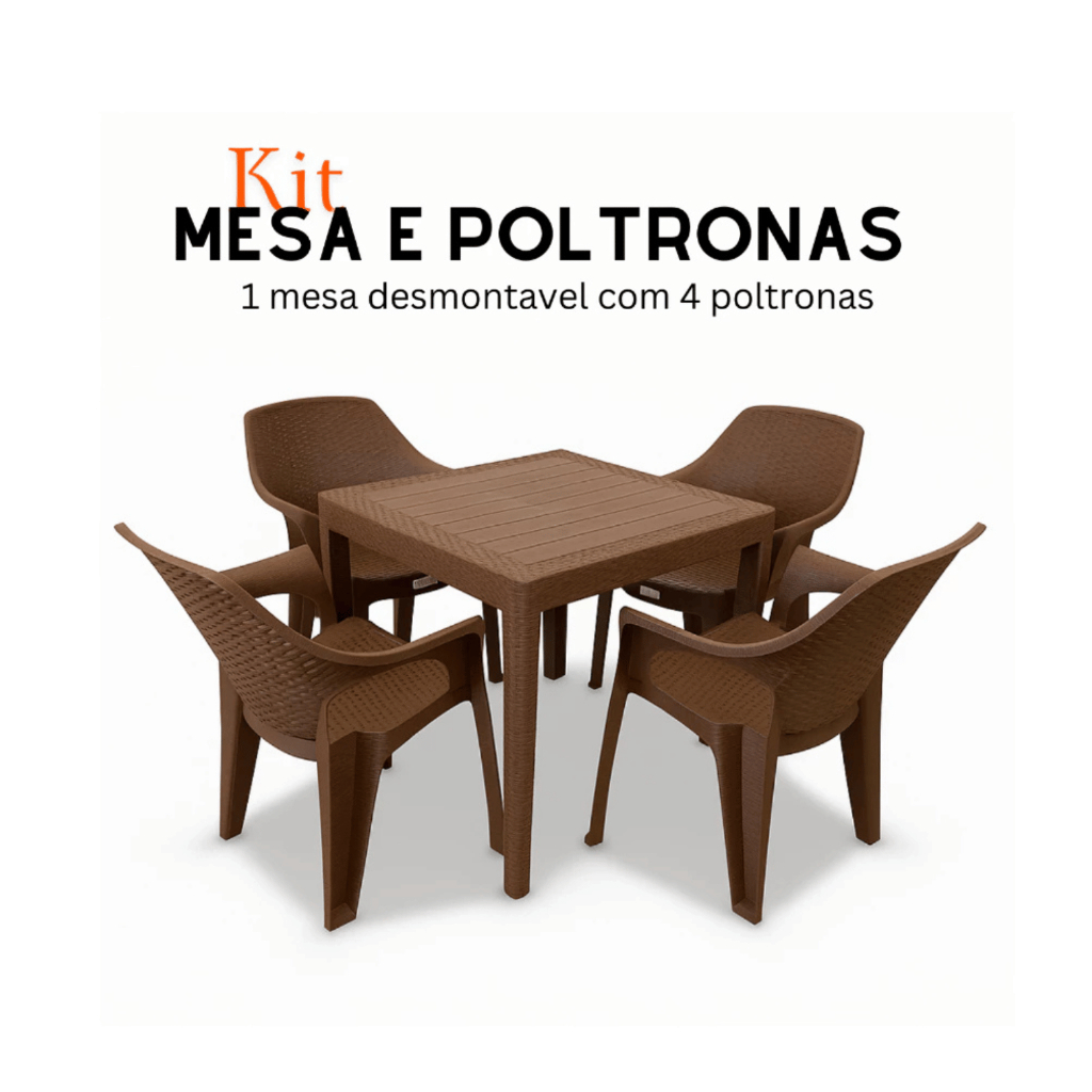 Kit Jogo de Mesa com 4 Cadeiras para Varanda Jardim Área Gourmet Rattan Plástico Reforçado