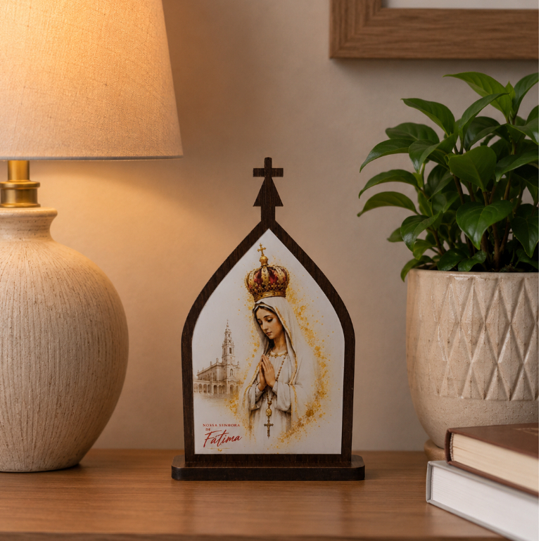 Oratório Capela Nsa Fátima 15cm MDF e Imagem Resinada | Decoração Casa Presente Católico Religioso Fé Proteção