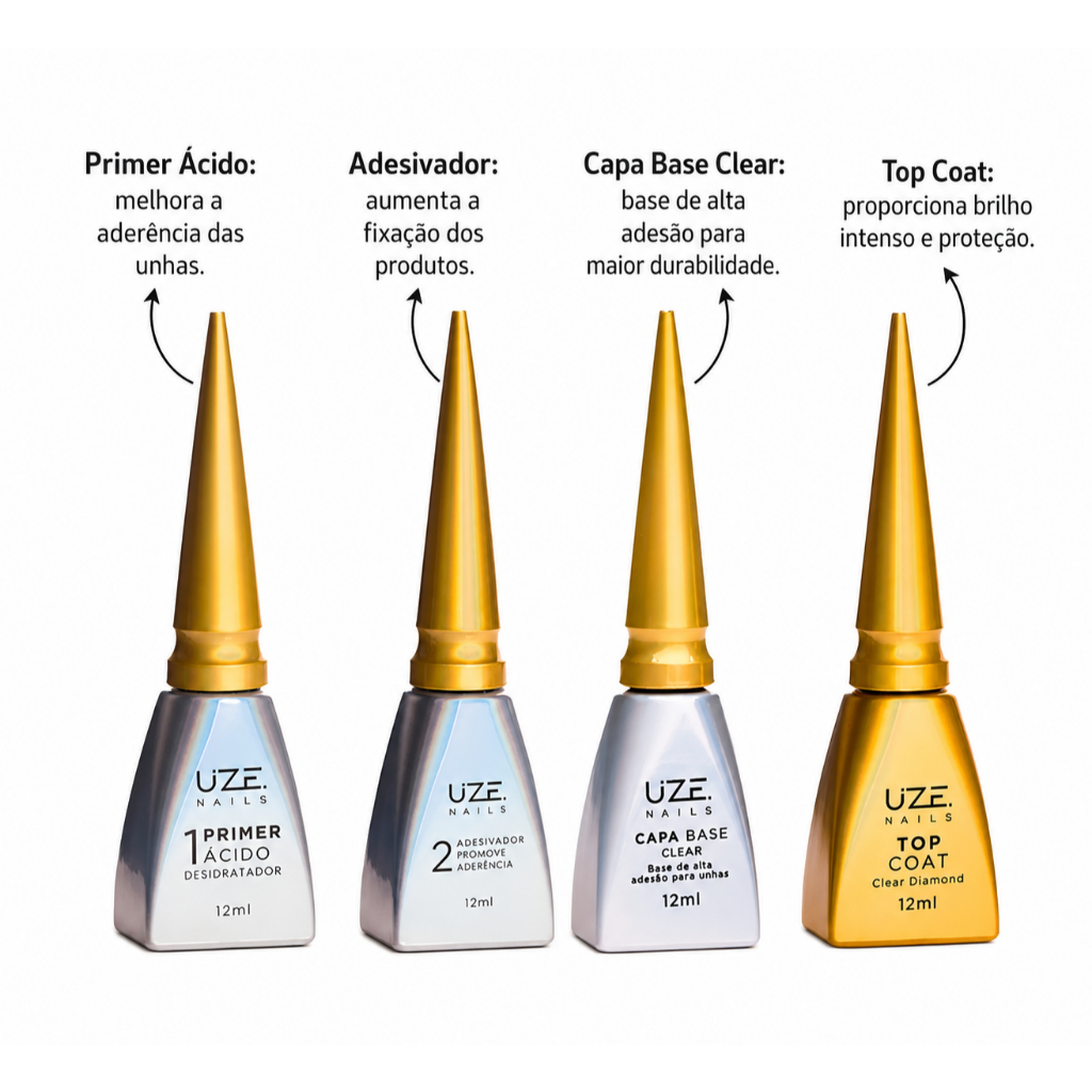 Kit Blindagem Uze Nails Preparadores + Top Coat + Gel Base 4 itens
