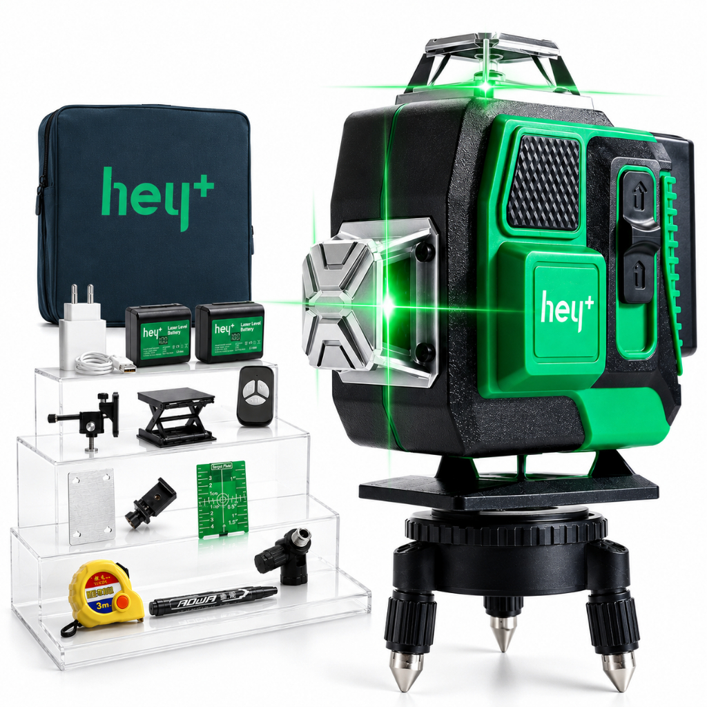 Nível a Laser 3D Heyplus 16 Linhas Verde 4x360° com Tripé, Controle Remoto, 2 Baterias Recarregáveis e Maleta
