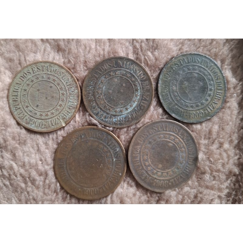 5 moedas de 40 reis 1900, 1908 e 1909