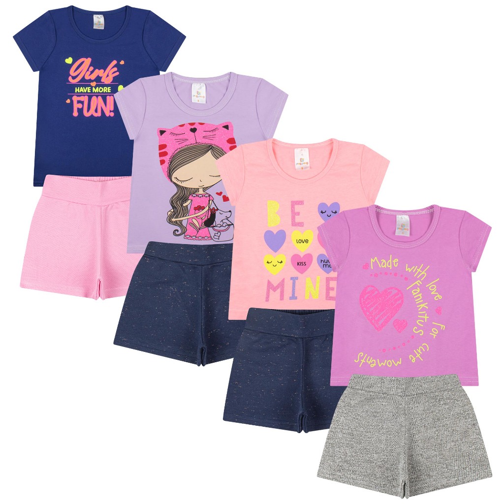 Kit 2 Conjuntos Roupa Infantil Menina Verão Camiseta e Shorts Look Sortido 1 ao 14
