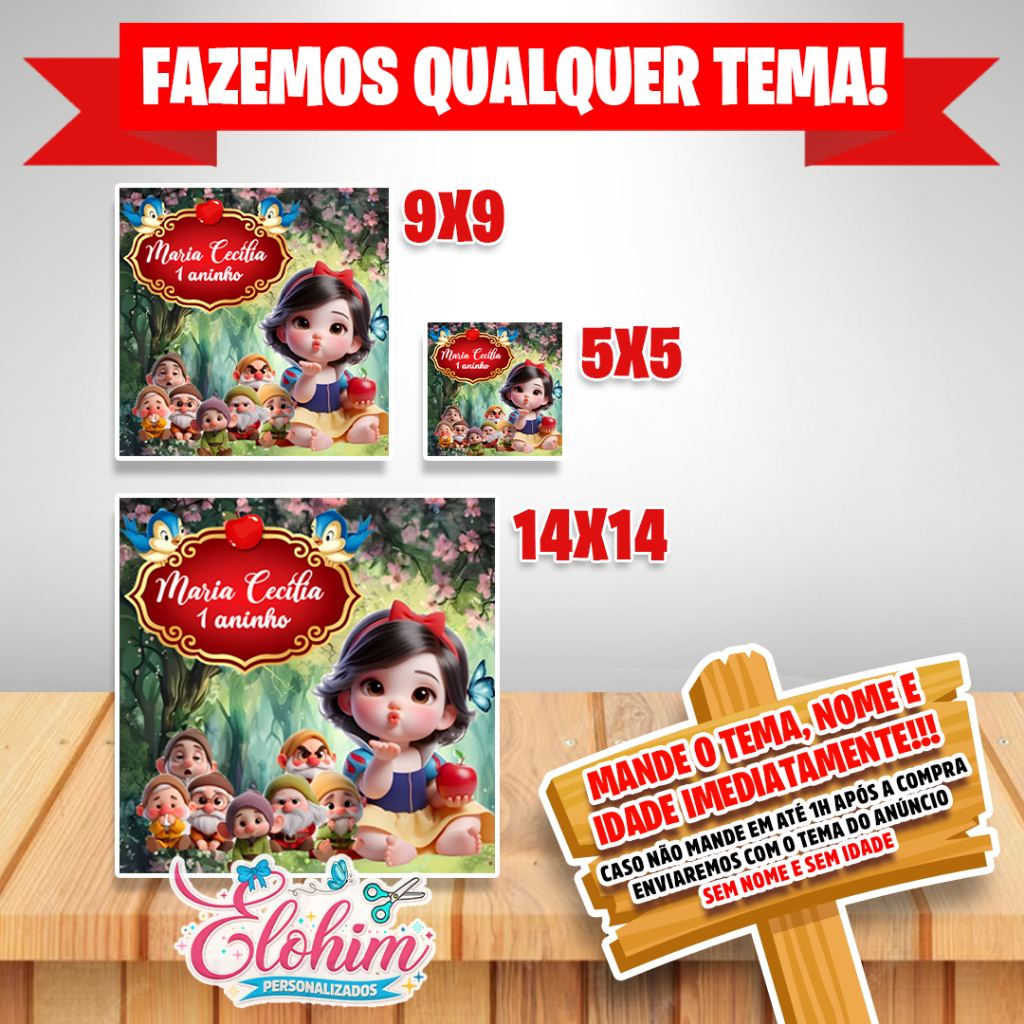 Adesivos quadrados personalizados (5X5 / 9X9 / 14X14) - Branca de neve Baby