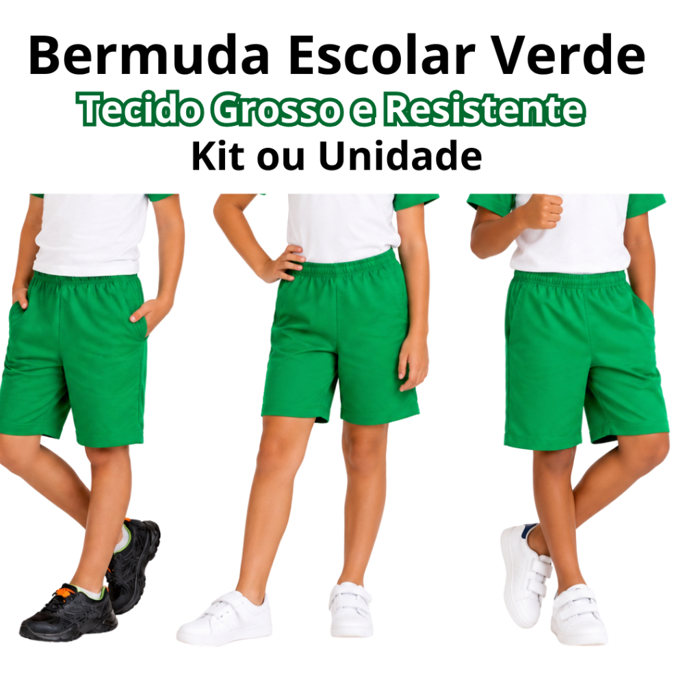 Bermuda Escolar Infantil Kit ou Unidade Masculina Verde Tactel Grosso Uniforme Menino Juvenil