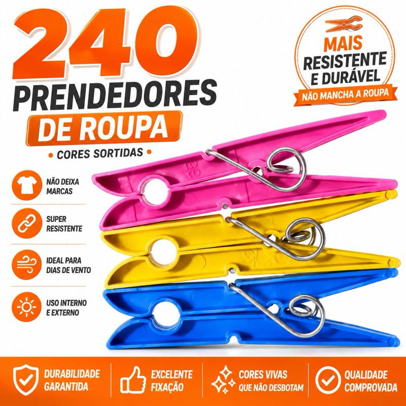 Kit 60 a 240 unidades Prendedor Pregador de Roupas Plástico Reforçado – Cores Sortidas – Varal