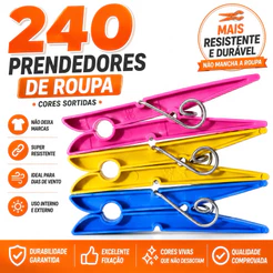 Kit 60 a 240 unidades Prendedor Pregador de Roupas Plástico Reforçado – Cores Sortidas – Varal