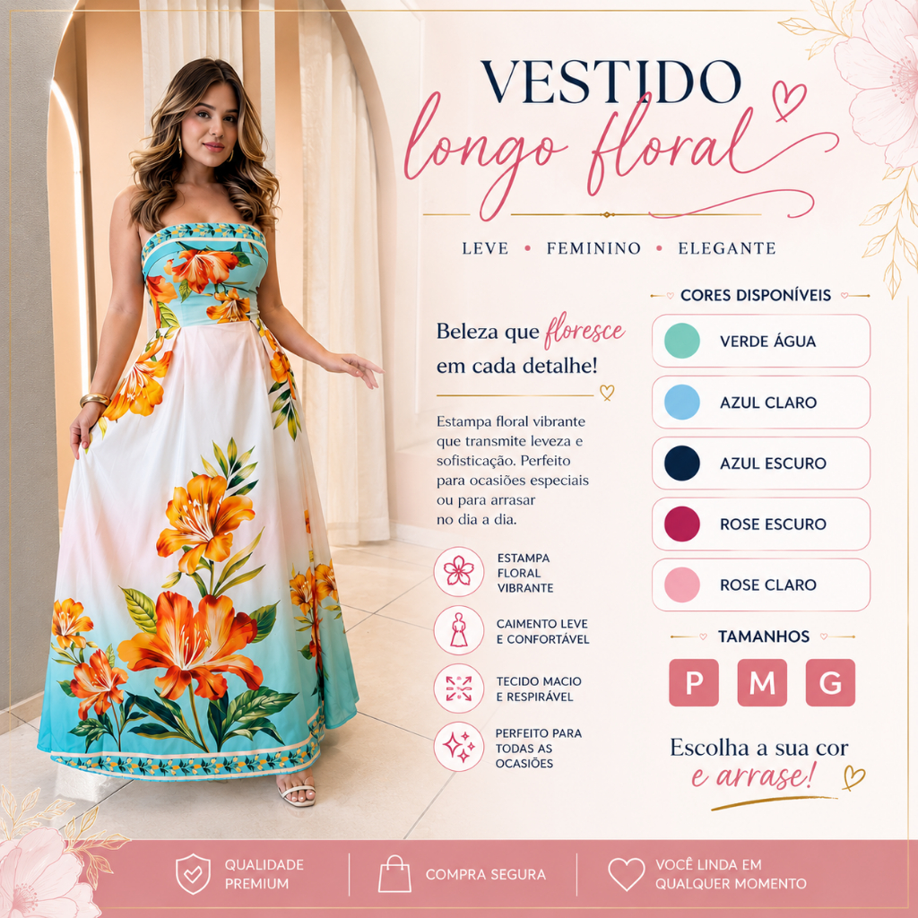 Vestido Largo Floral Elegante  Feminina Ten Forro Ten bojo con Amarracao atras