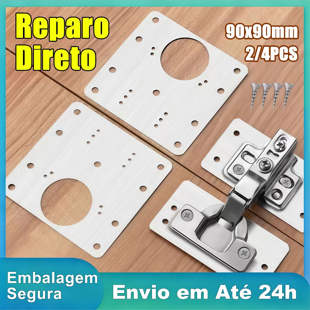 Kit 10 Placas Reparo Dobradiça 35mm Aço Inox Porta Armário c/ Parafusos