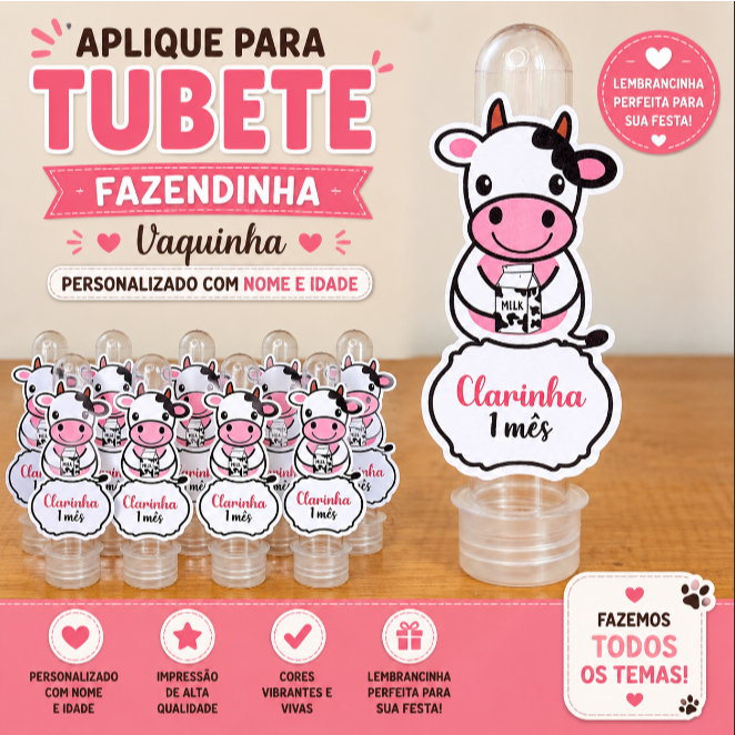 plique para Tubete Fazendinha Vaquinha Personalizado Com Nome e Idade Lembrancinha Festa Infantil