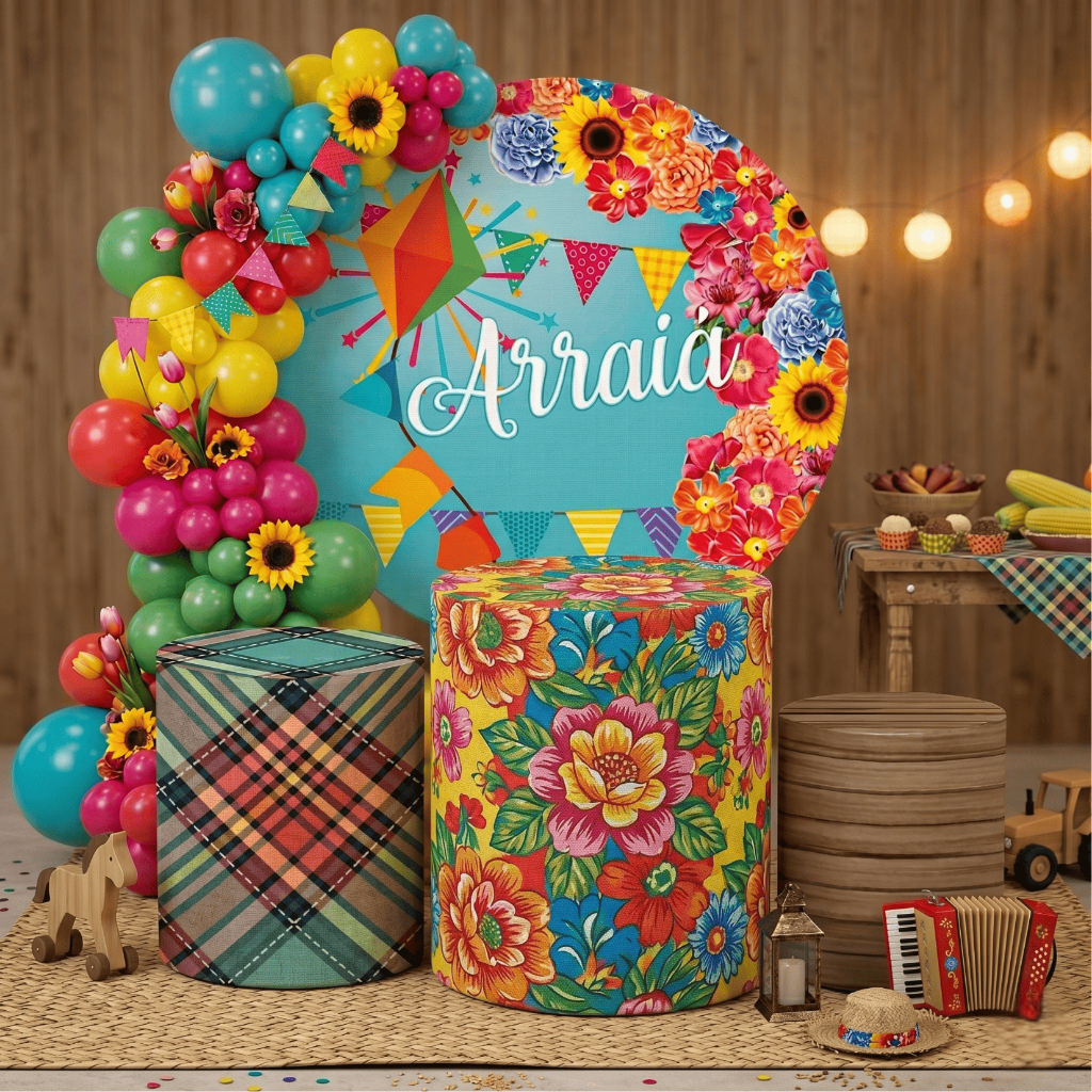 Capas Festivas Painel Redondo Arraiá Festa Junina Kit Completo Trio Cilindros Sublimado Bibi Painéis