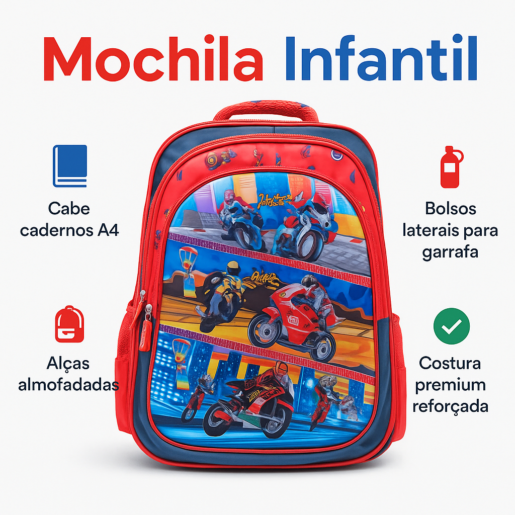 Mochila Infantil Masculina Carro Escolar Grande Resistente | Mochila Menino 3 a 9 Anos Creche Escola Premium