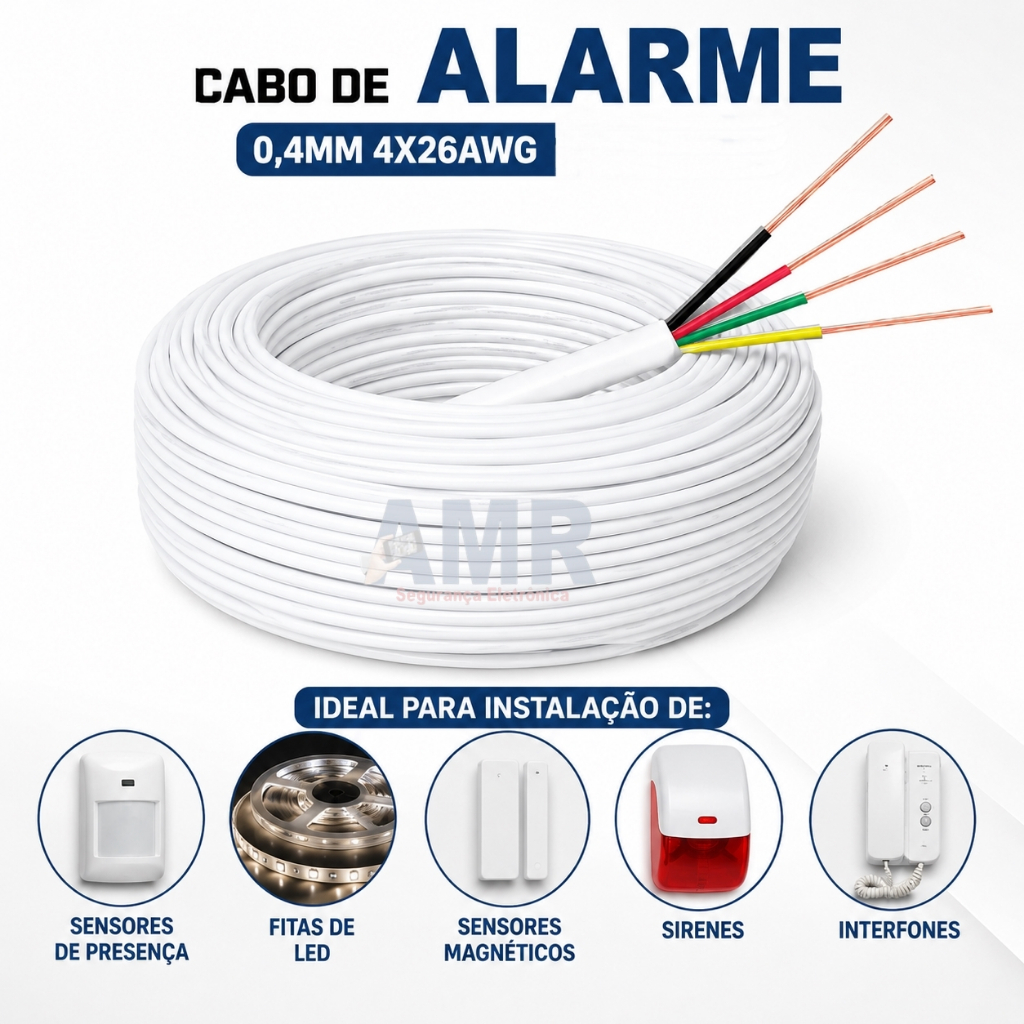 Cabo Frapa 4 vias 0,40mm Para Alarme e Interfone, 20 metros, 30M, 40M, 50M e 100M