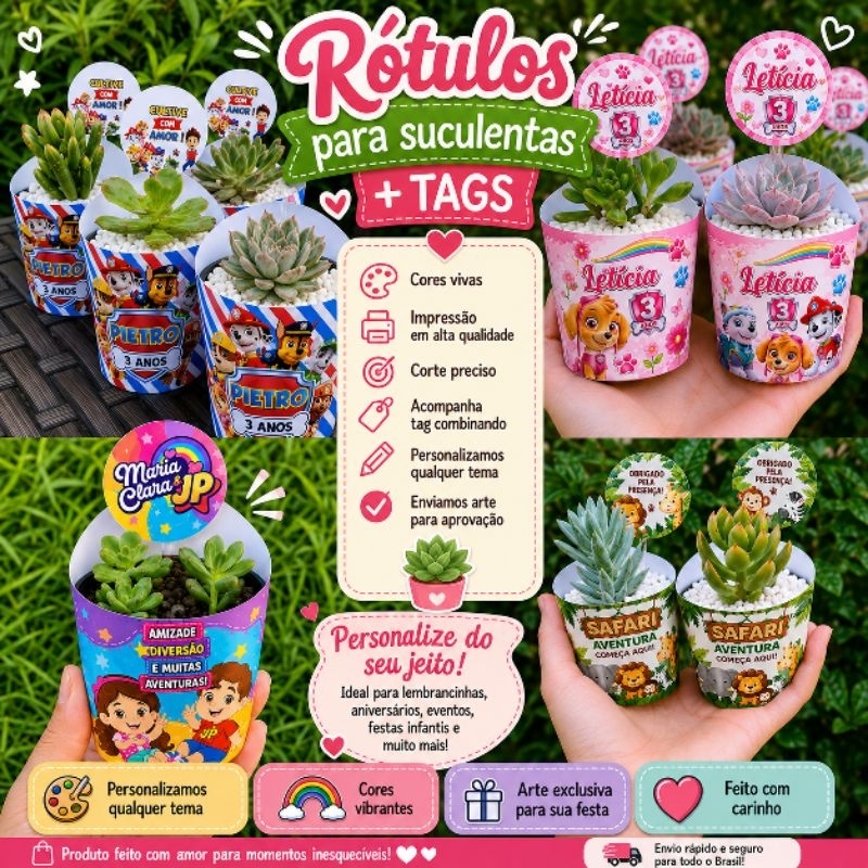 Kit 50 rótulos para suculentas + tags - Lembrancinha personalizada dia das mães e dos pais, páscoa e aniversário...