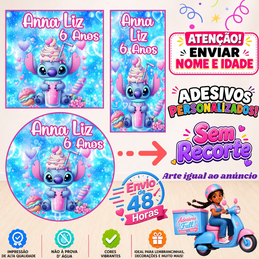 Stitch Milk Shake - 100/60/40 Adesivos Personalizados Lembrancinhas Festa Aniversário