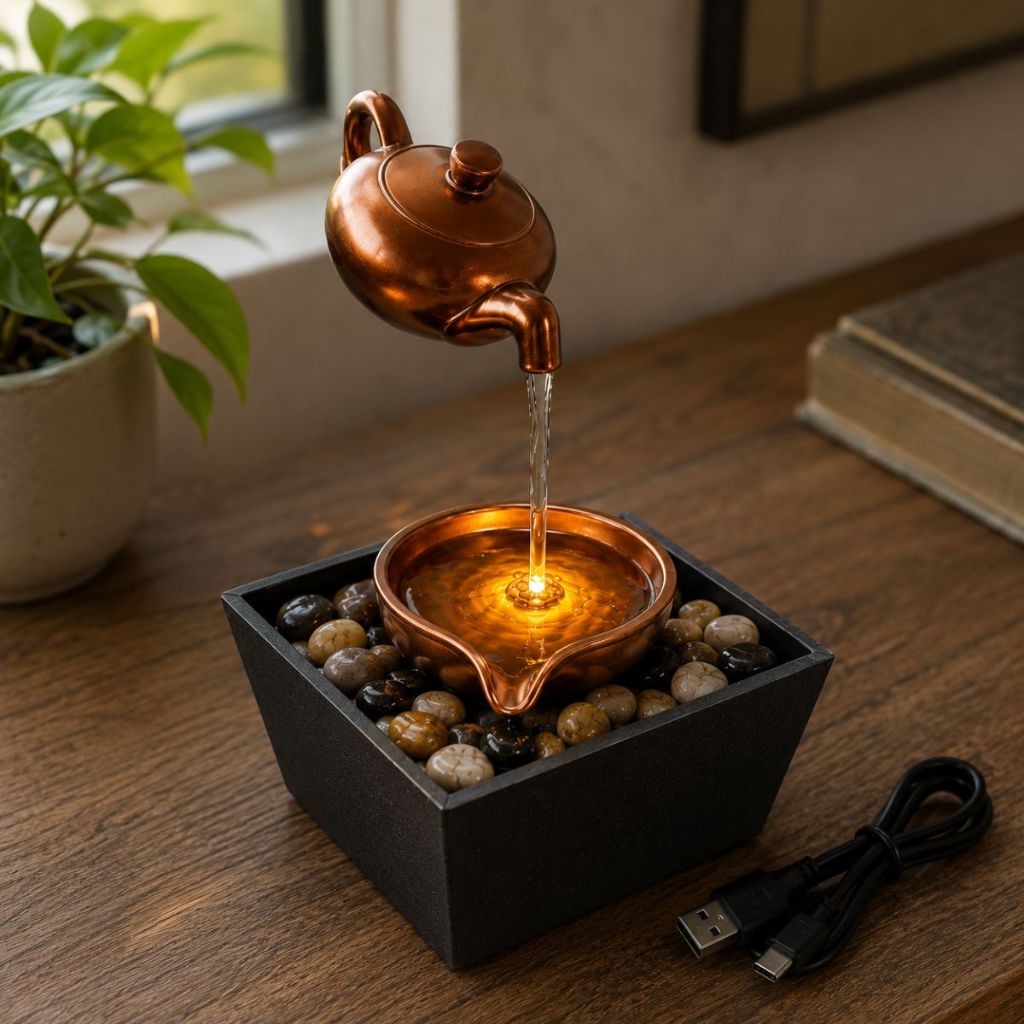 Imagem Fonte de Água Luminária Relaxante Led Quente Bule Jarro Zen Feng Shui Meditação