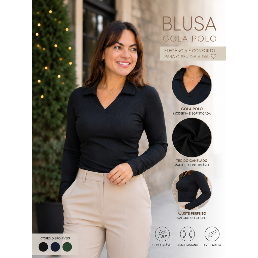 Blusa de Frio, Feminina, Segunda pele, Térmica, Peluciada, Manga Longa, Canelada, Gola Polo
