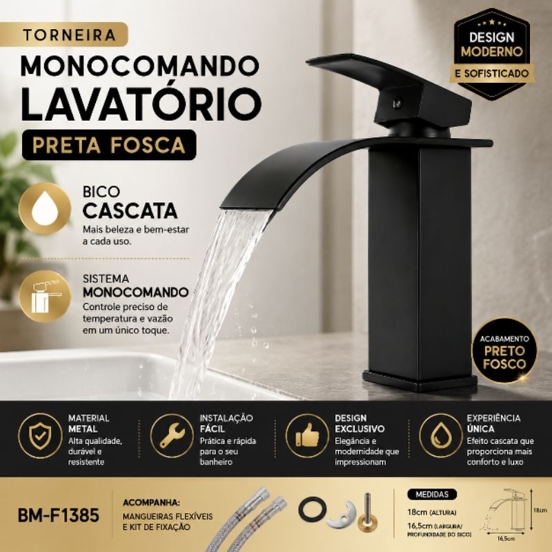 Torneira Monocomando Lavatório Preta Fosca Cascata Misturador Banheiro Luxo Metal Premium