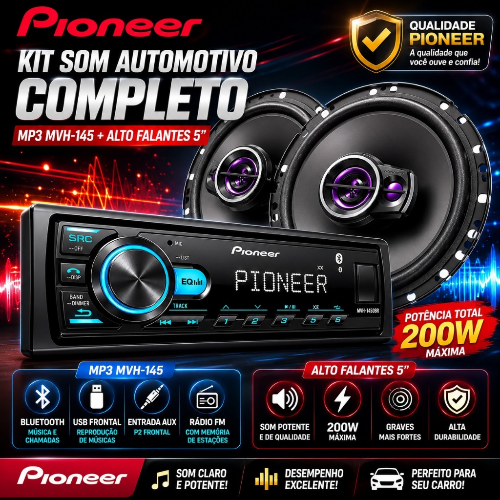 Pioneer MVH-145UB + Alto Falante Pioneer 5 Polegadas pioneer Kit Som Automotivo Original