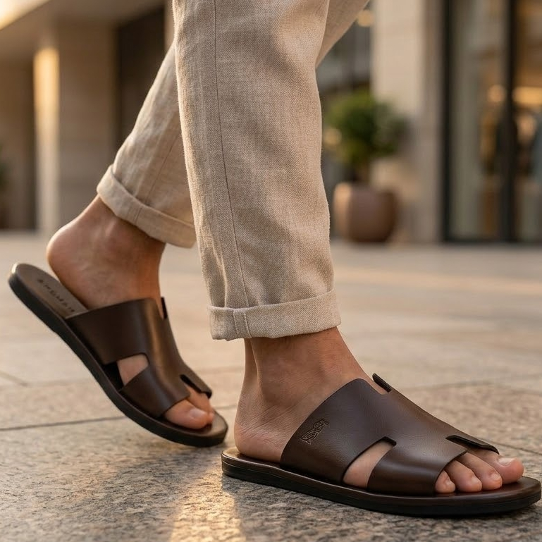 Sandália Masculina Biron Anatômica Em Vaqueta Atanado Com Forro Em Couro Solado De Borracha Confortável Casual Premium