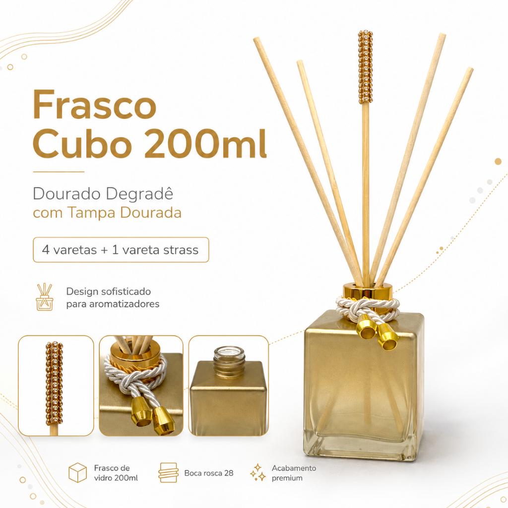 Frasco Cubo 200ml Dourado Degradê + Vareta Strass | Difusor Aromatizador Lembrancinha