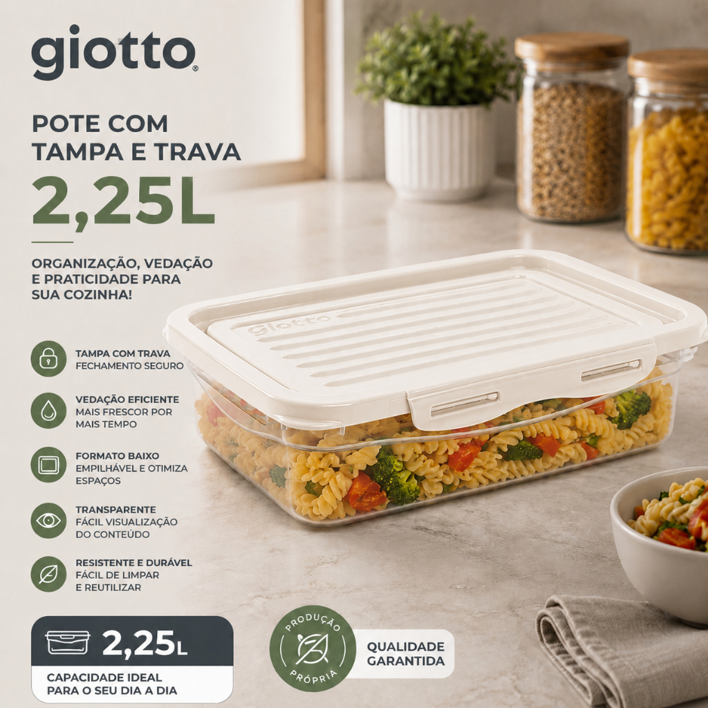 Pote  Marmitas Fitness Tampa e Trava 2,25L Off White Baixo Freezer Microondas Armazenamento Giotto