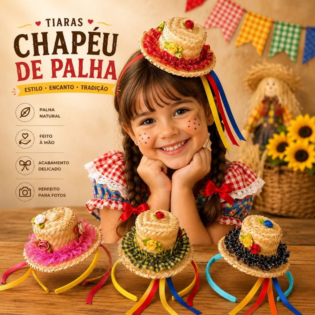 Tiara Chapéu de Palha Festa Junina Infantil Arquinho de Caipira com Fitas