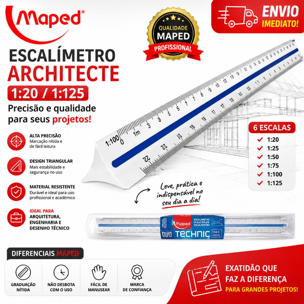 Escalímetro Maped Architecte 30cm Régua Triangular Profissional Escalas 1:20 a 1:125 Para Arquitetura Engenharia