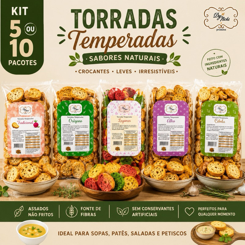 Kit 5/10 Pacotes Torradas Temperadas 100g | Tradicional, Alho, Cebola, Orégano  e Legumes  | Torradas Crocantes