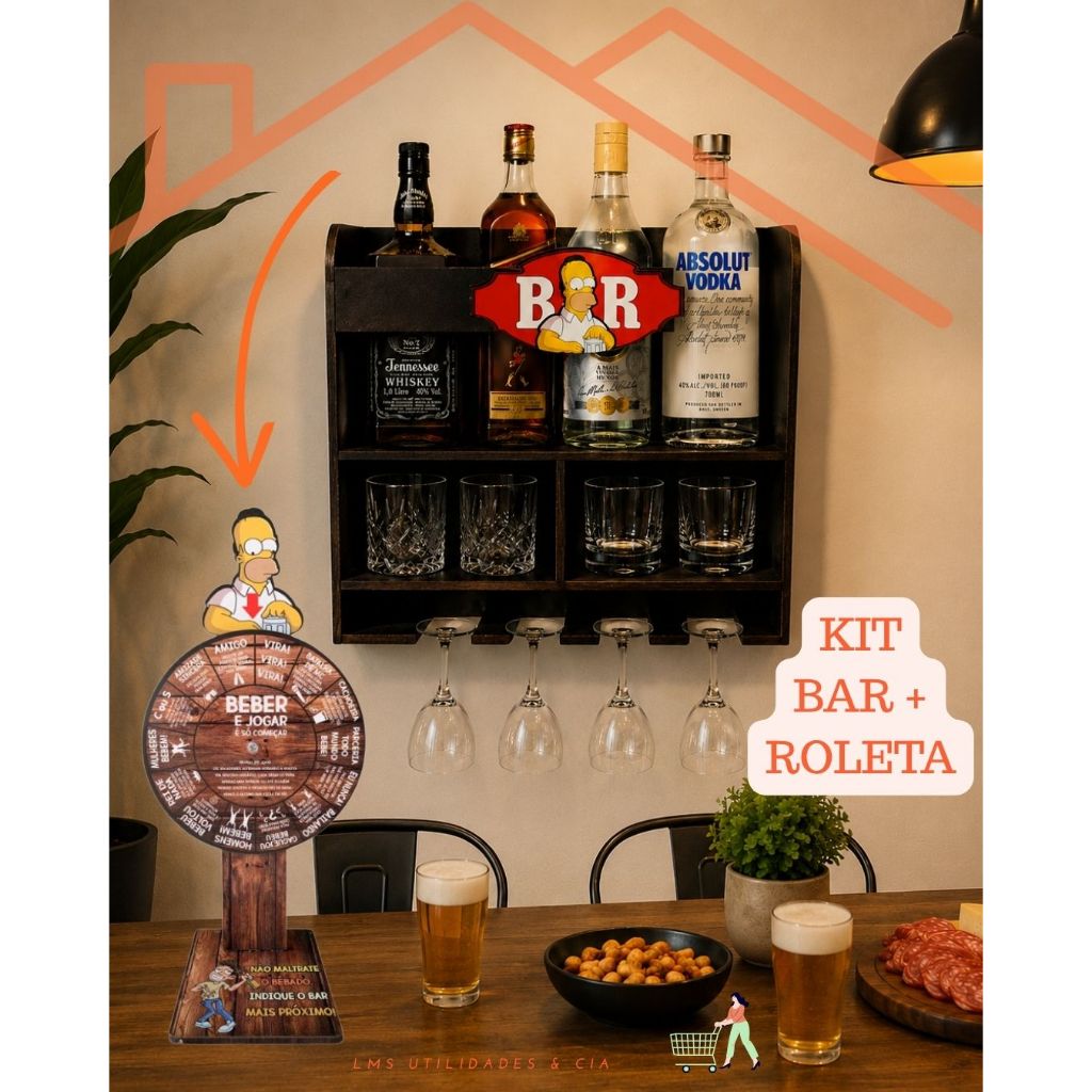 Kit Bar de parede + Jogo de roleta Homer Simpson/ Decoração Bar Área Gourmet Presente Criativo para Amigos