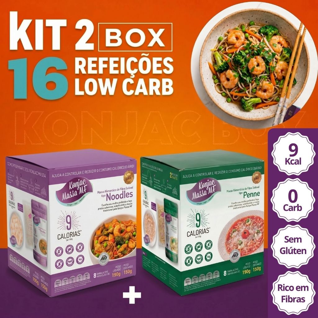 Kit 2 Box Konjac Massa Tipo Macarrão Penne + Noodles Sem Glúten Zero Carb Rende 16 Refeições