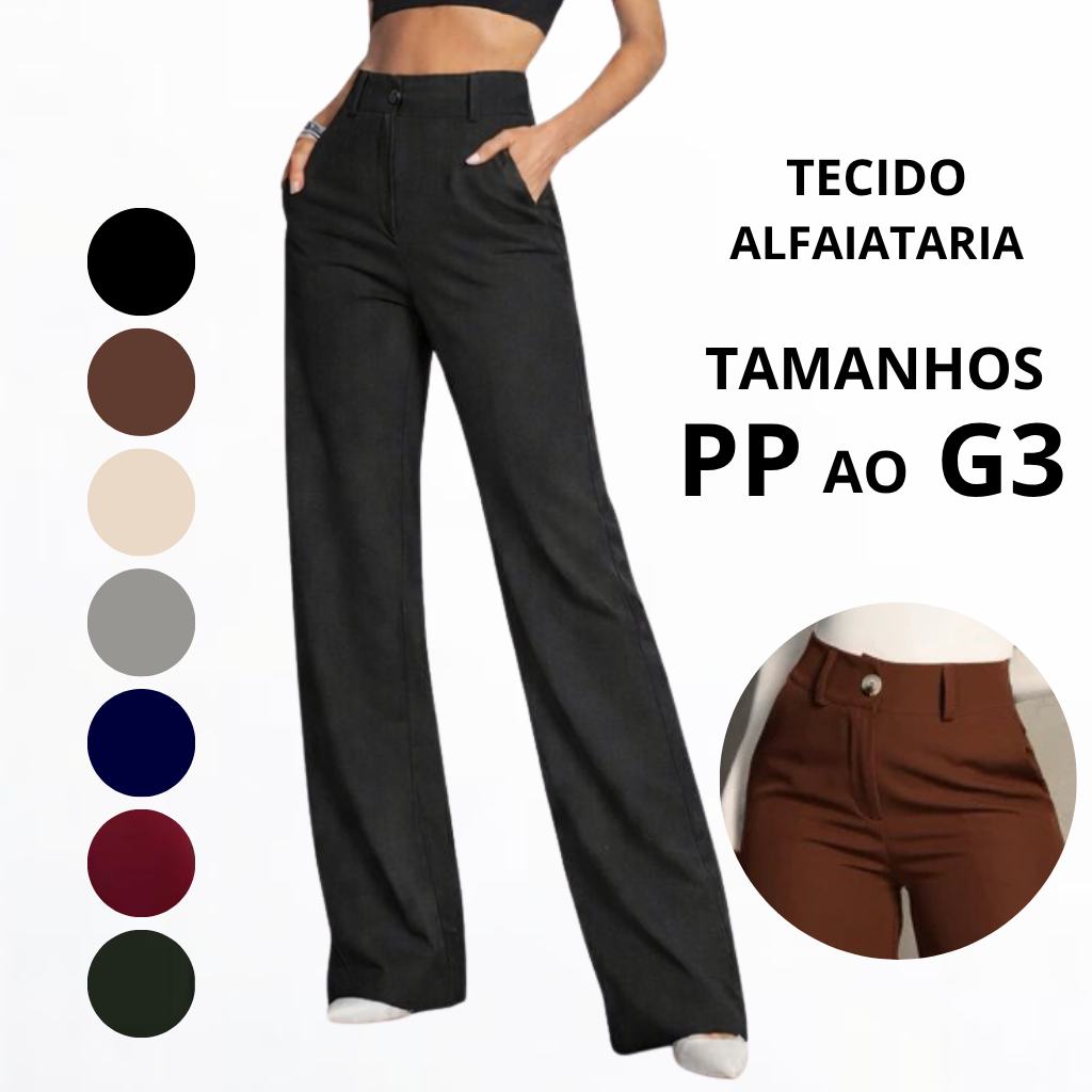 Calça Pantalona Wide Leg Alfaiataria Feminina Cintura Alta Elegante e Confortável Moda Social e Casual Tamanhos PP ao G3