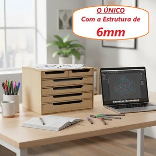 Gaveteiro para folhas de sulfito A4 com 6 gavetas em MDF 6mm, ideal para escritório e escritório. Suporte para monitor