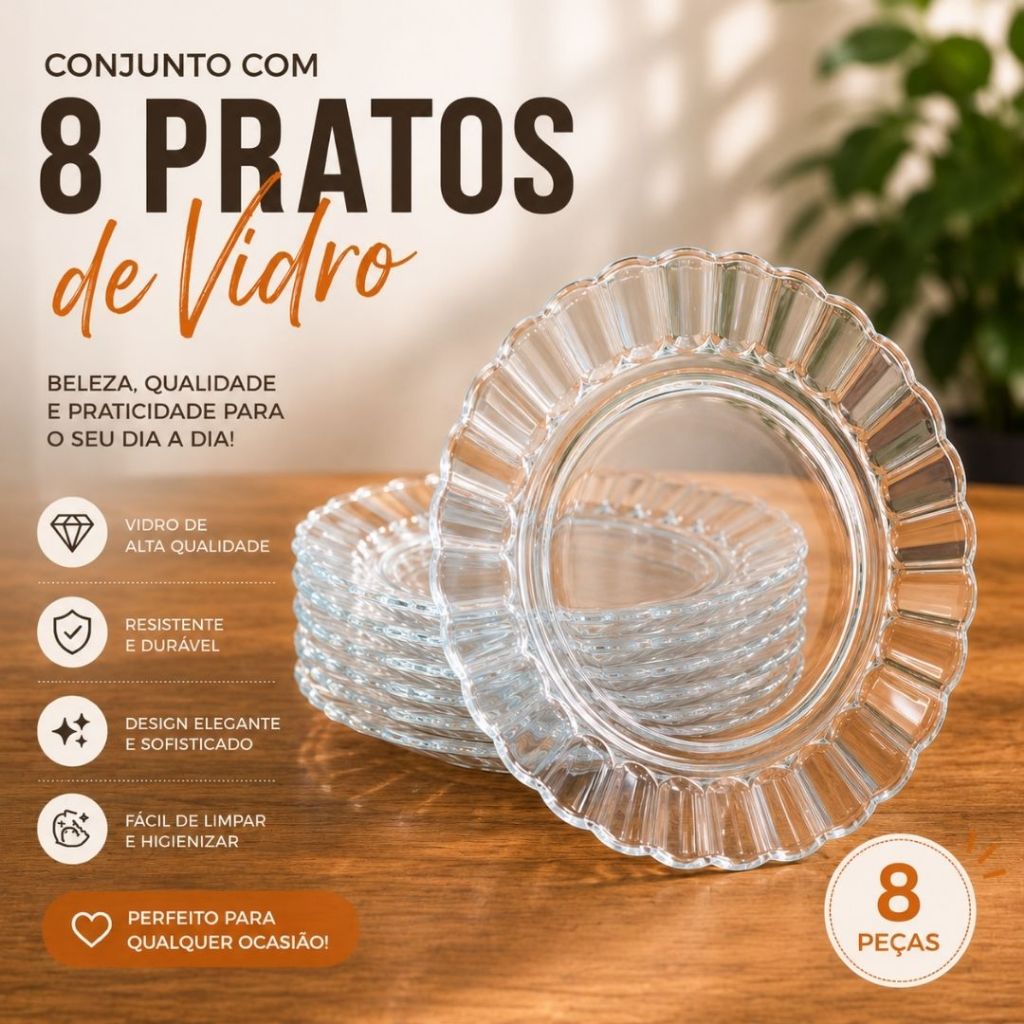 Kit Pratos de Vidro Transparente 4, 8 ou 12 Unidades – Design Premium para Servir — imagem 2 de 2