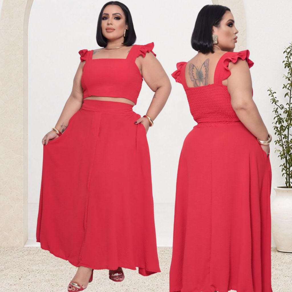Conjunto Plus Size Elegante de saia godê longa sem bolso e cropped de alça babado decote quadrado moda maior curve dunas