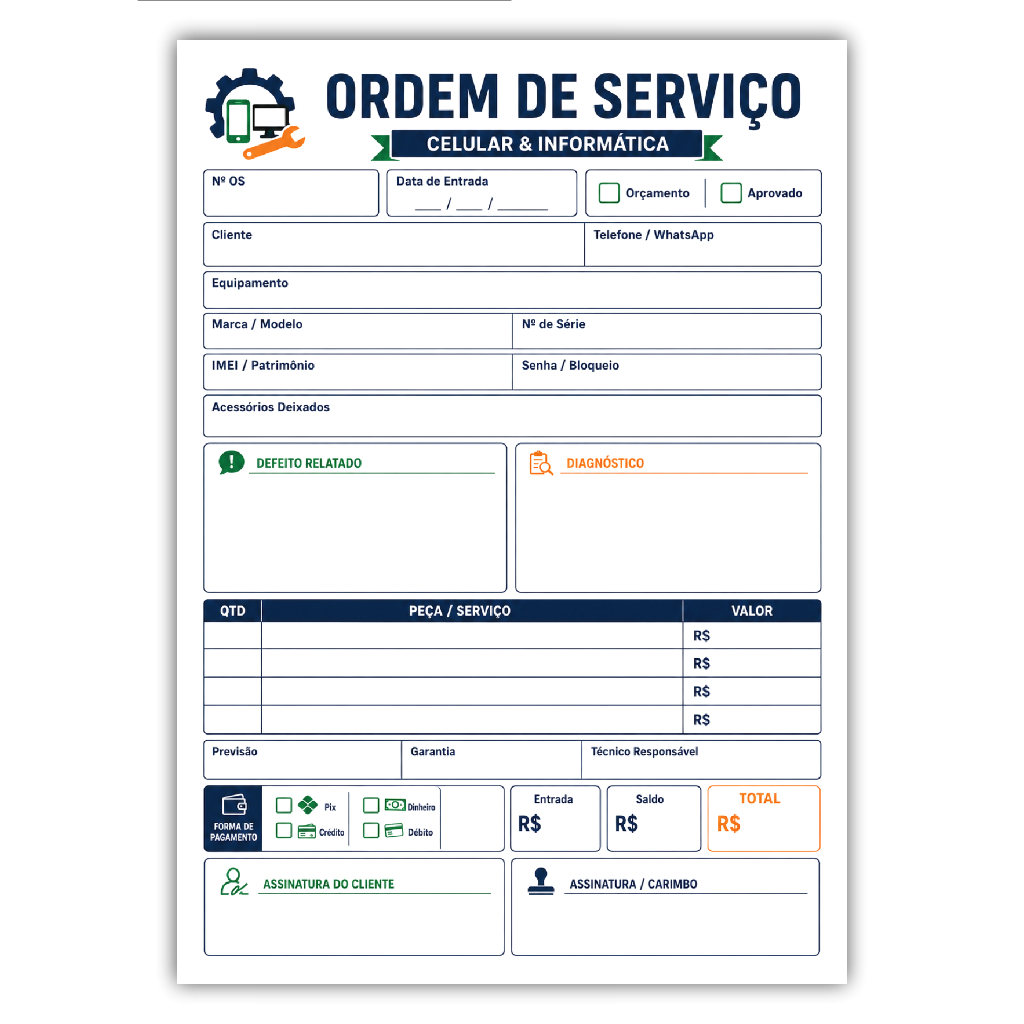 Bloco de Pedidos Ordem de Serviço Celular Informática A6 100 Folhas Sem Personalização Kit 2 4 ou 8