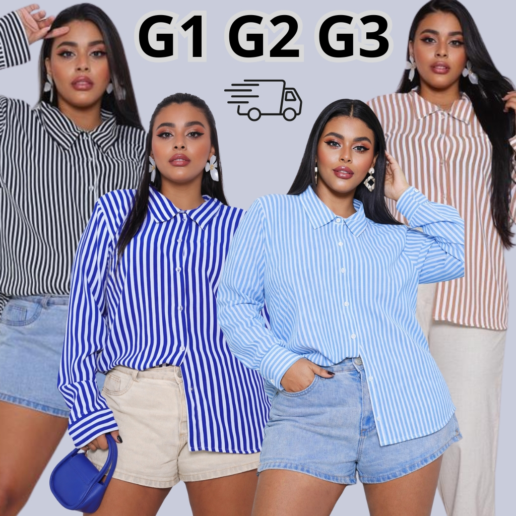 Camisa Listrada Feminina Plus Size Tecido Duna Premium G1 G2 G3 Elegante Social  Tendência Luxo Conforto