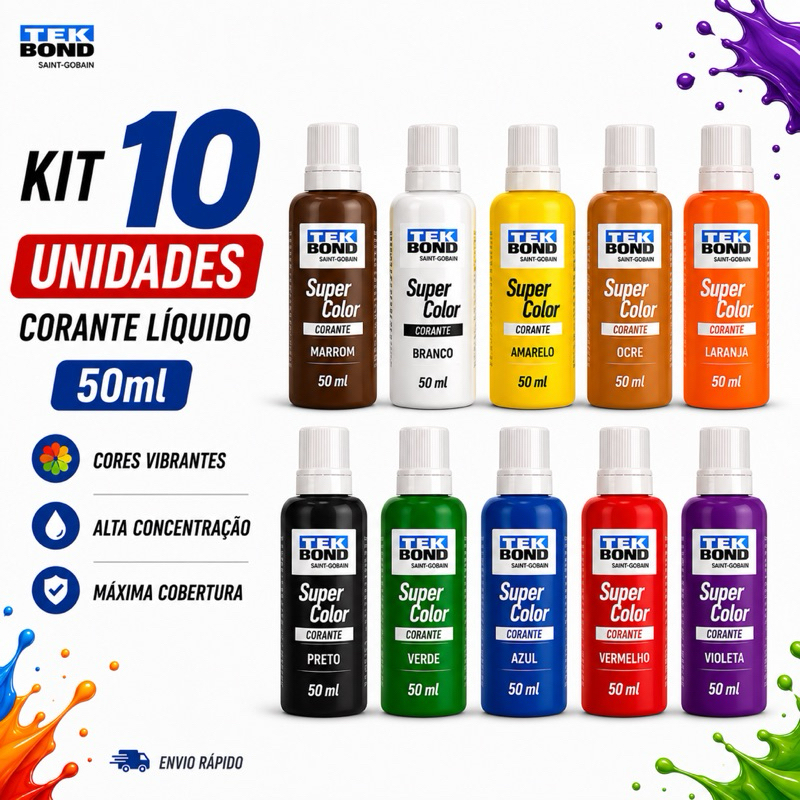 Kit 10 Corantes Pigmento Líquido TekBond para Tinta Acrílica e Látex Artesantato