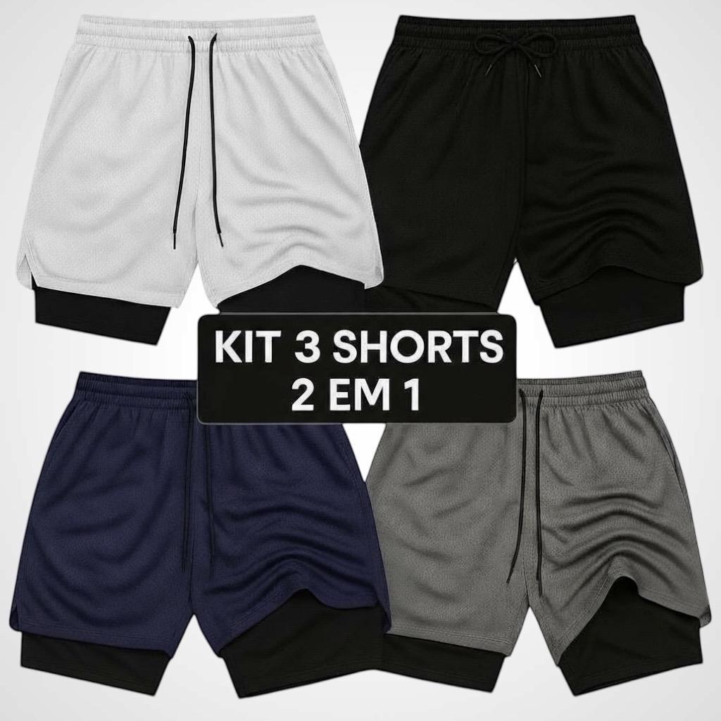 Kit 3 Shorts 2 em 1 PLUS Masculino Iron Bull Dry Corrida e Academia com Forro de Compressão