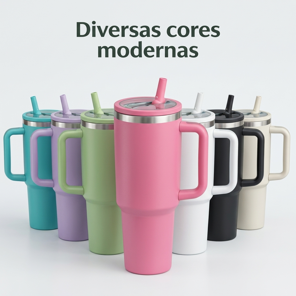 Copo Térmico Inox 1,2L com Alça e Canudo, Tampa Vedada Antivazamento, Base Compatível com Porta-Copos, Aço Inox 304 Test