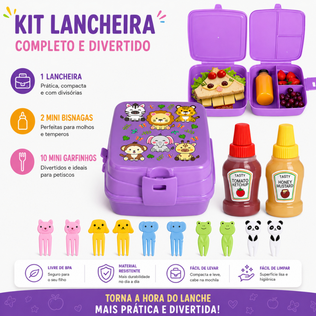 Kit Lancheira Escolar com 10 Garfinhos e 2 Mini Bisnagas