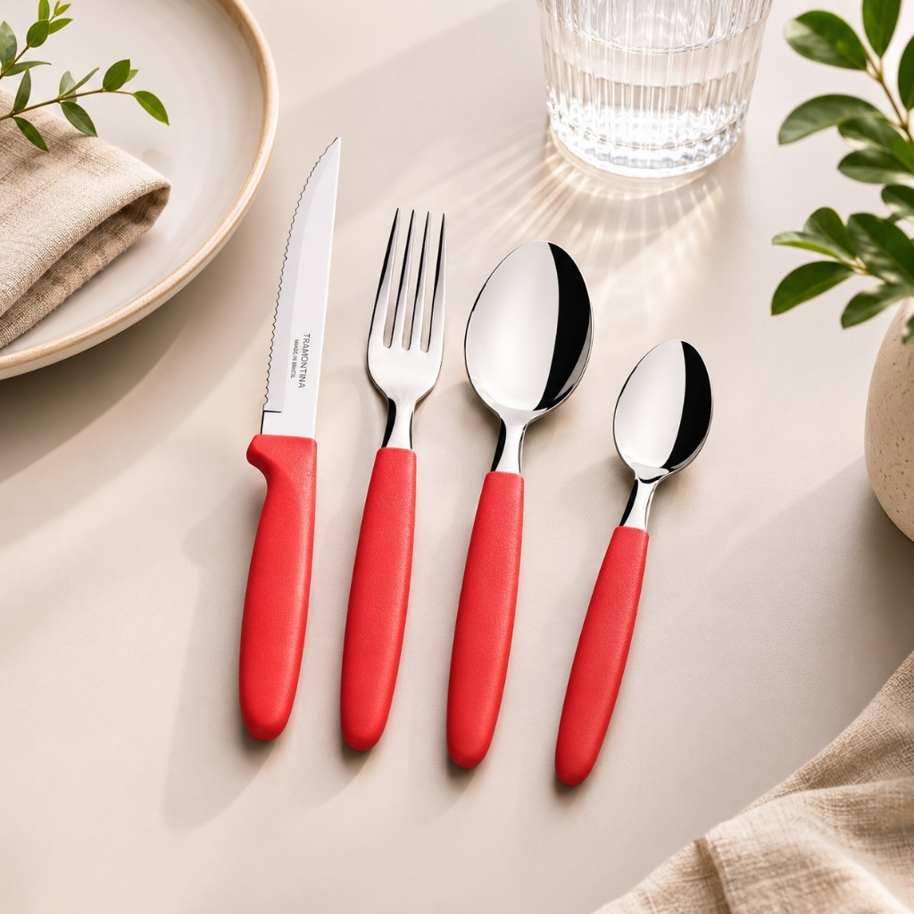 Kit Faqueiro Tramontina 24 Peças Ipanema Inox Cabo Vermelho Jogo de Talheres Completo Original