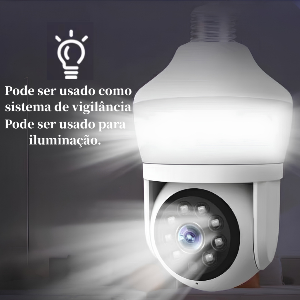 Câmera Lâmpada WiFi 2MP PTZ Visão Noturna Colorida App Yoosee Função Rastreamento de Humanos