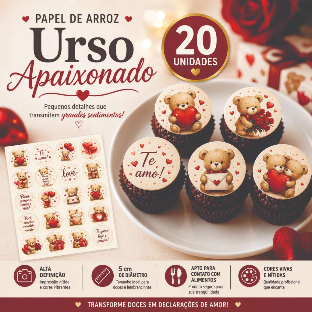 Papel de Arroz Urso Apaixonado 20 Unidades 5cm Dia dos Namorados Festa Romântica