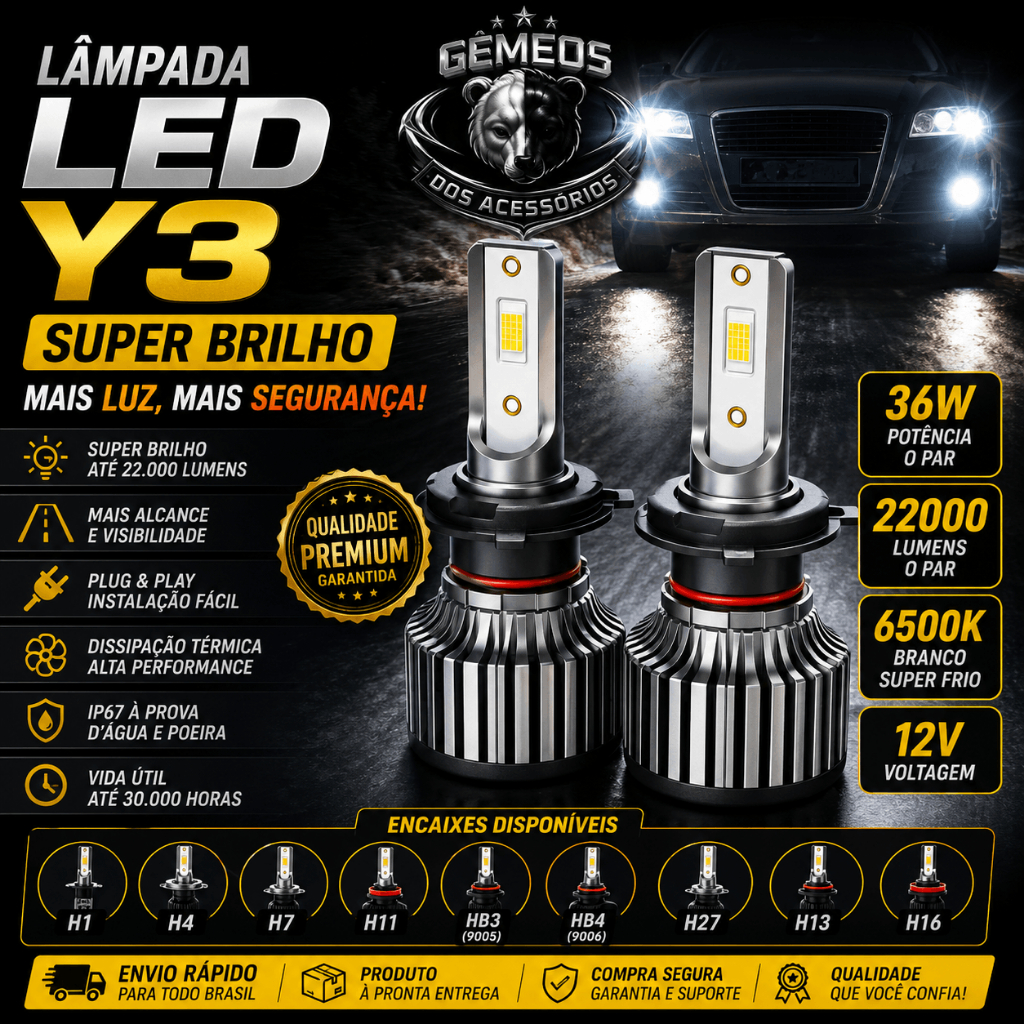 Lampada Led Automotiva Y3 22000LM 36w 6500K Super Branca H1 H4 H7 H11 9005 9006 H27 H13 H16