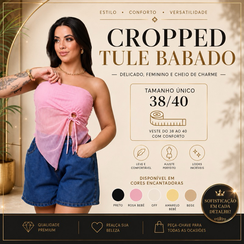 TOP FAIXA EM TULE BABADO TAM.UNIC/ COM BOJO , ELEGANTE E SOFISTICADO.