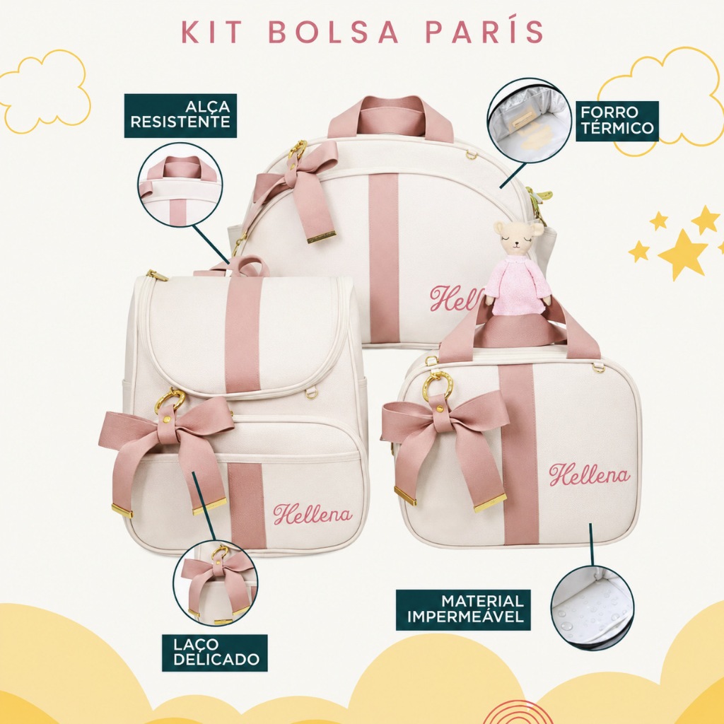 Kit 3 Peças Maternidade Bolsa, Mochila e Bolsa M Personalizado Térmica Impermeável, Coleção Paris