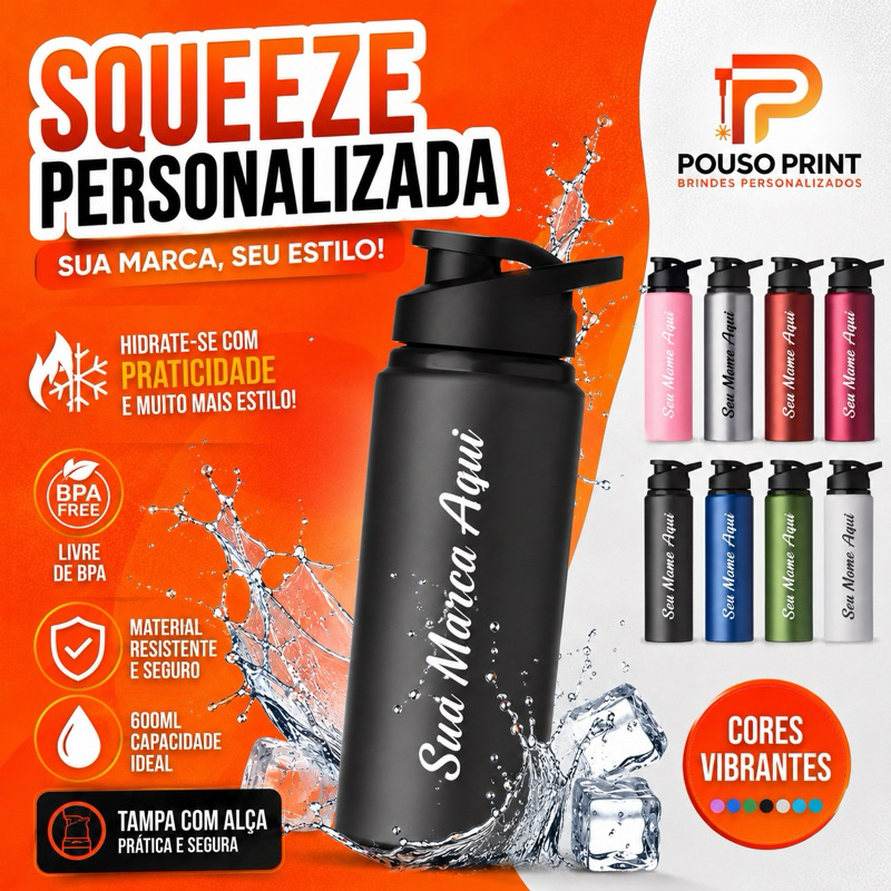 Garrafa Squeeze Alumínio Academia Personalizado Nome 600ml Escola Logotipo Empresa Brinde
