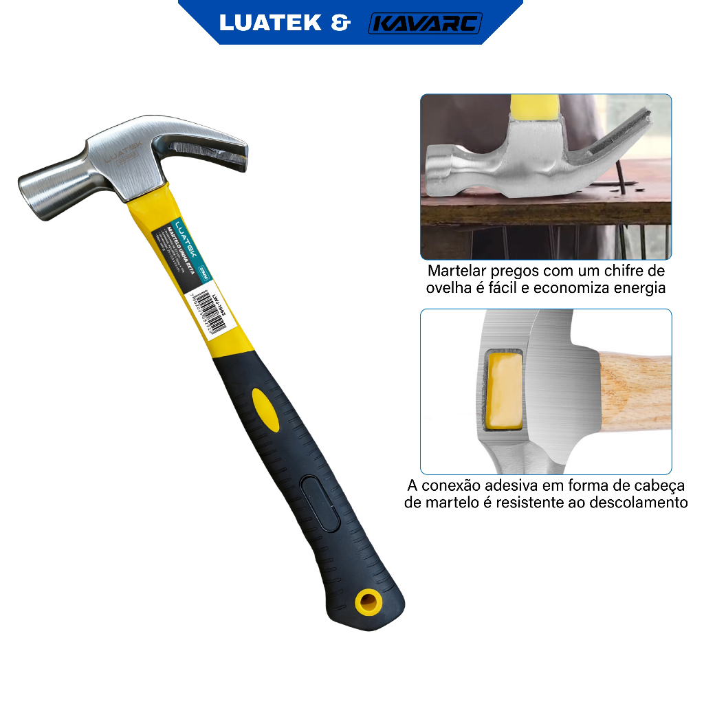 Martelo Unha Reta 600g Profissional Cabo Fibra Emborrachado Carpintaria Construção Resistente-LUATEK